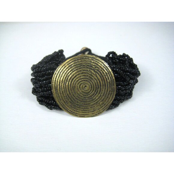 Black Beaded Bracelet Round Brass Spiral Button Closure Boho Hippie Glass - Picture 1 of 9